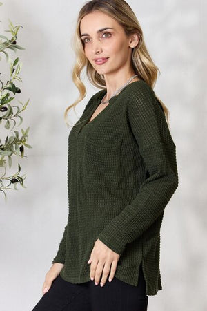 BiBi Notched Popcorn Waffle Long Sleeve Top Olive