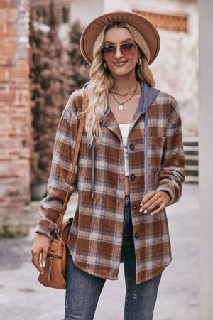 Plaid Dropped Shoulder Hooded Longline Flannel Jacket - 4 colors