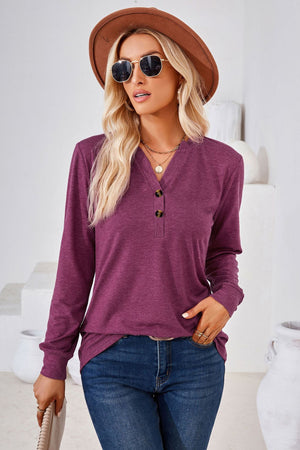 V Neck Buttoned Long Sleeve Blouse - 7 colors