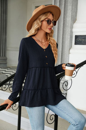 Long Sleeve V Neck Cable Knit Peplum Blouse - 9 colors