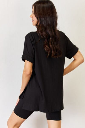 Zenana V Neck Short Sleeve Slit T-Shirt and Shorts Set Buttery Soft Black