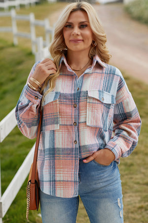 Plaid Flannel Dropped Shoulder Shacket Pink/Blue