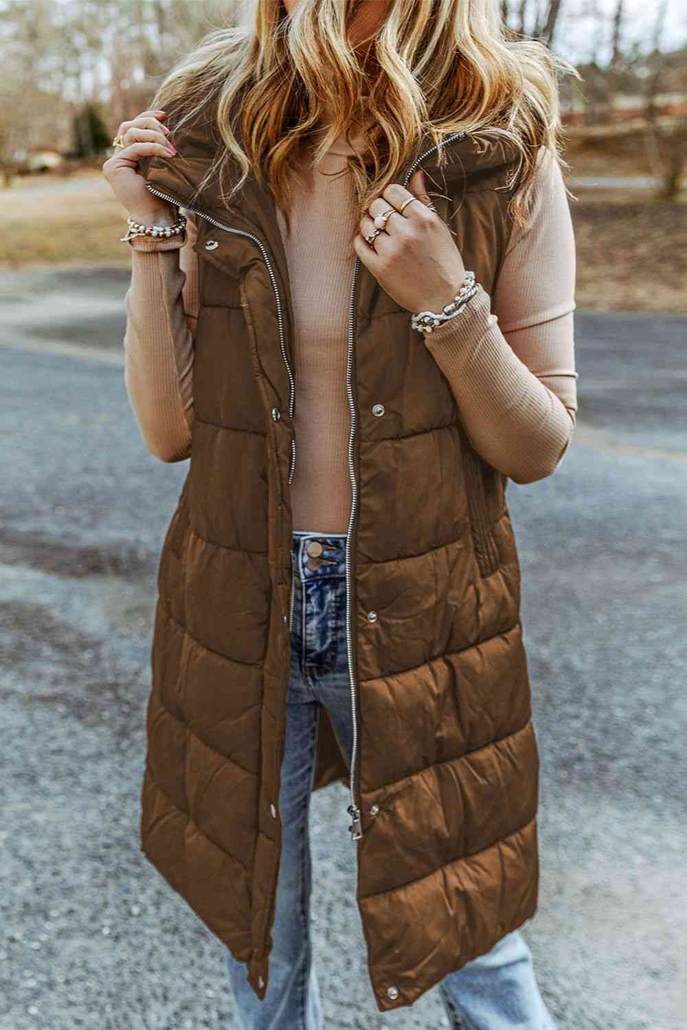 Longline Hooded Sleeveless Puffer Vest - 4 colors