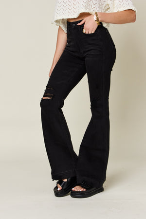 Judy Blue High Waist Tummy Control Distressed Flare Jeans Black TALL