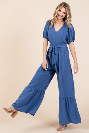 V Neck Belted Wide Leg Jumpsuit in Denim Blue