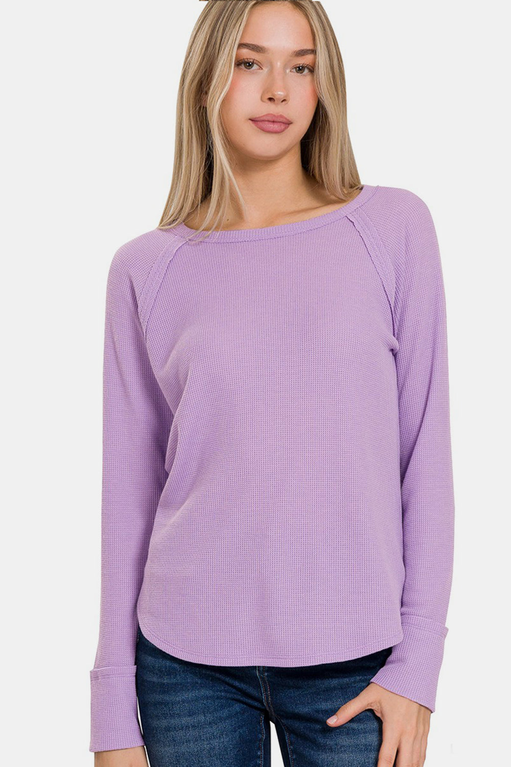 Zenana Waffle Long Sleeve T-Shirt in Lavender
