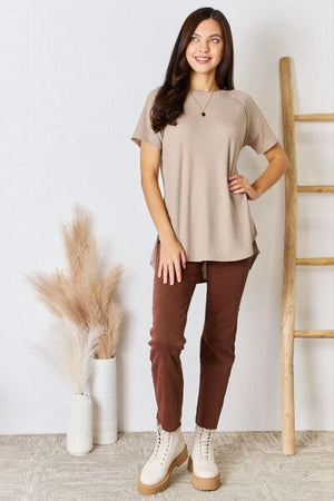 Zenana Baby Waffle Short Sleeve Slit High Low T Shirt Light Mocha