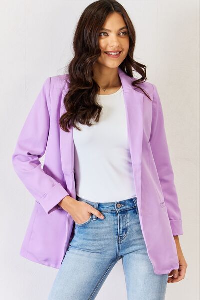 Zenana Open Front Long Sleeve Blazer Bright Lavender