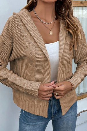 Cable Knit Dropped Shoulder Hooded Hip length Cardigan - 6 colors