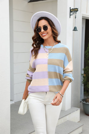 Round Neck Long Sleeve Color Block Dropped Shoulder Pullover Sweater - 3 colors