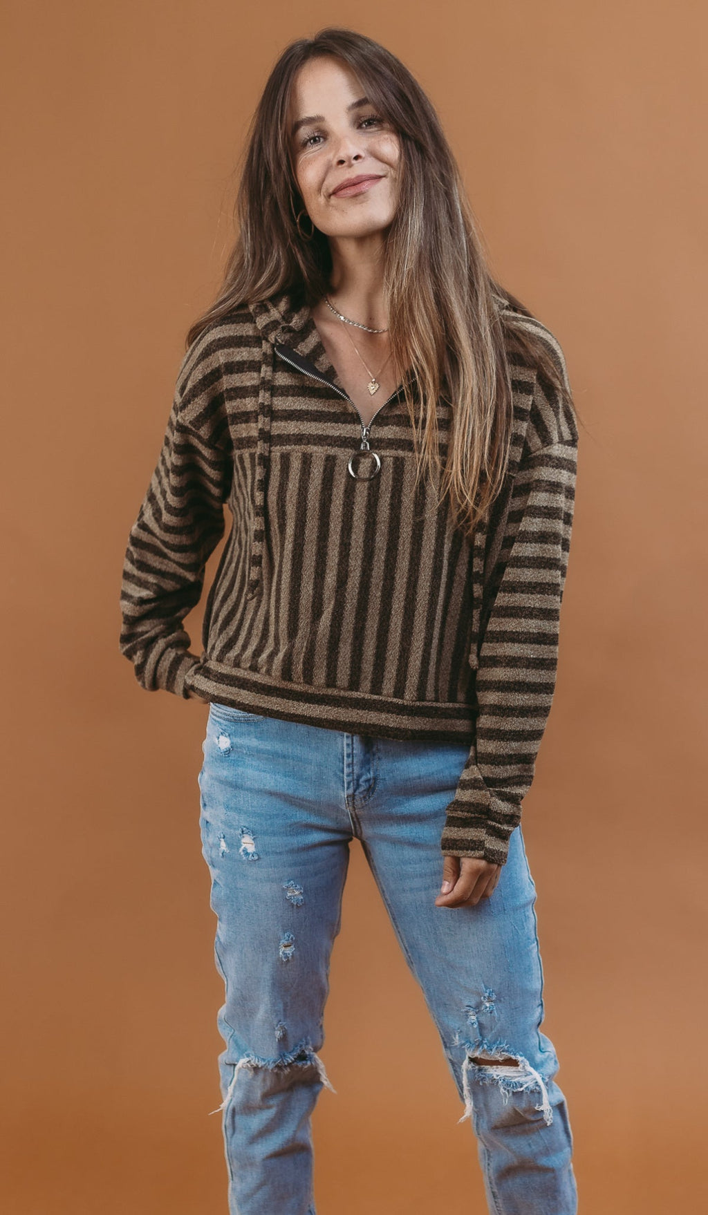 Mocha Stripe Long Sleeve Hooded Knit Top