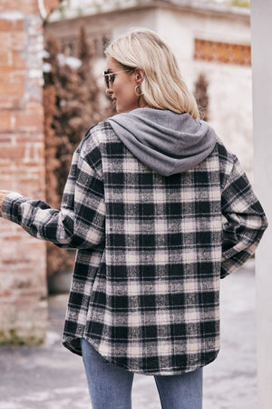 Plaid Dropped Shoulder Hooded Longline Flannel Jacket - 4 colors