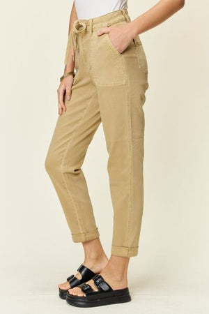 Judy Blue High Waist Garment Dyed Cuffed Jogger Jeans in Khaki