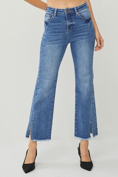 RISEN High Waist Front Seam Raw Hem Slit Straight Leg Jeans