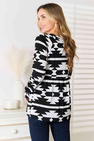 Heimish Geometric Notched Neck Long Sleeve Top