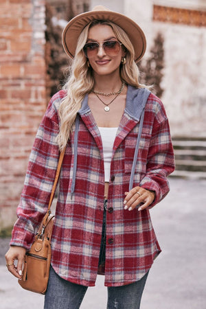 Plaid Dropped Shoulder Hooded Longline Flannel Jacket - 4 colors