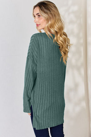 Basic Bae Ribbed Half Button Long Sleeve High-Low Top - 5 colors