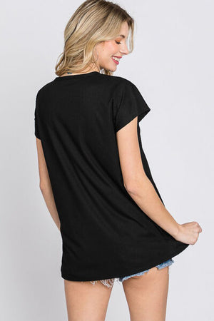 Front Button V-Neck Short Sleeve Top Black