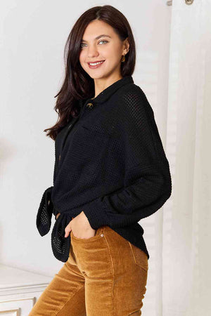 Waffle-Knit Collared Neck Dropped Shoulder Shirt in Black