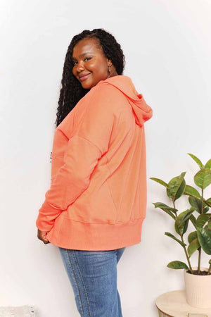 Double Take Quarter-Snap Dropped Shoulder Hoodie Tangerine