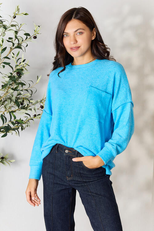 Zenana Round Neck Long Sleeve Sweater with Pocket Deep Sky