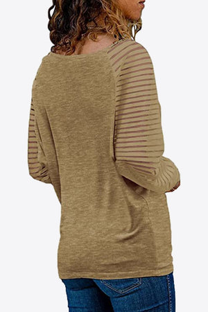 Soft V Neck Long Raglan Striped Sheer Sleeve Top - 9 colors