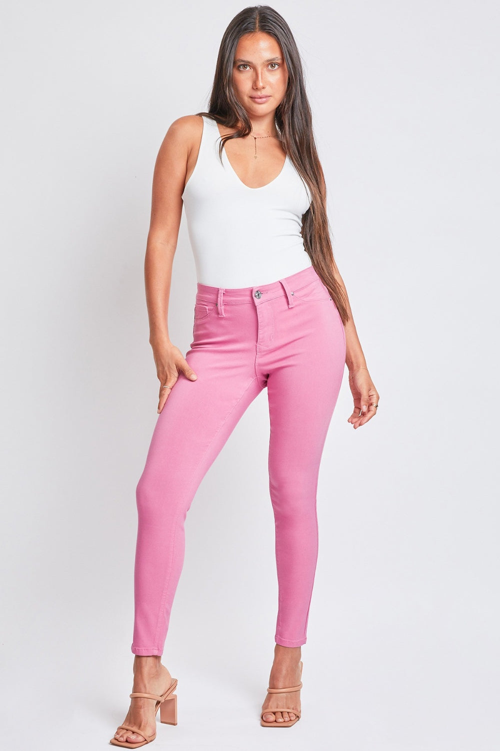 YMI Jeanswear Hyperstretch Mid-Rise Skinny Pants Flamingo Pink