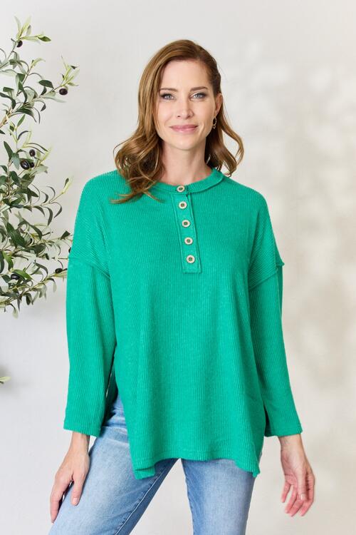 Zenana Ribbed Half Button Slit Knit Top Kelly Green