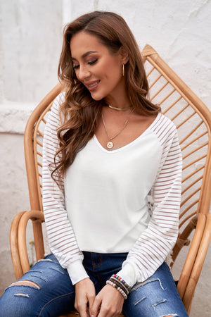 Sheer Striped Sleeve V-Neck Top - 3 colors