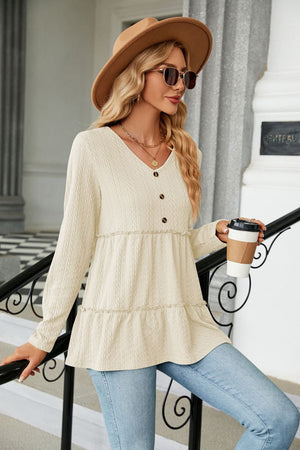 Long Sleeve V Neck Cable Knit Peplum Blouse - 9 colors