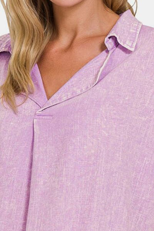 Zenana Washed Linen Raw Hem V-Neck Shirt Bright Lavender