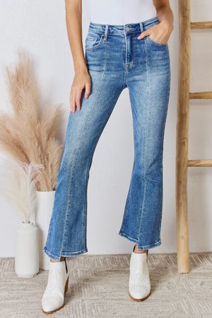 RISEN High Rise Front Seam Uneven Hem Ankle Flare Jeans