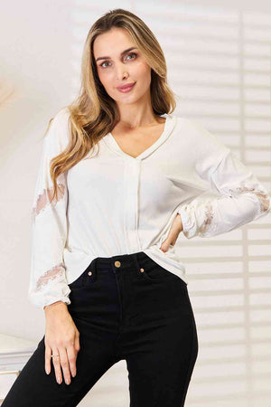 V Neck Dropped Shoulder Blouse with lace insets on sleeves