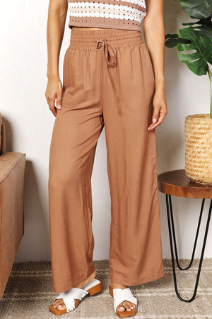 Double Take Drawstring Smocked Waist Wide Leg Pants - 2 colors