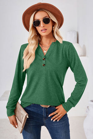 V Neck Buttoned Long Sleeve Blouse - 7 colors