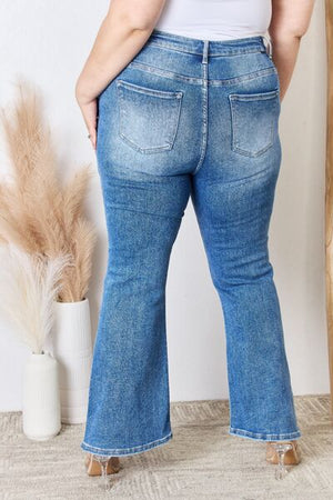 RISEN High Rise Front Seam Uneven Hem Ankle Flare Jeans