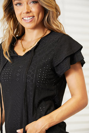 Eyelet Tie-Neck Flutter Sleeve Blouse in Black