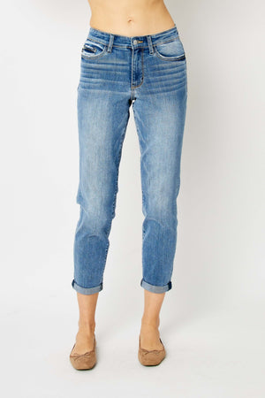 Judy Blue Mid Rise Non Distressed Cuffed Hem Slim Jeans