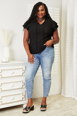 Eyelet Tie-Neck Flutter Sleeve Blouse in Black