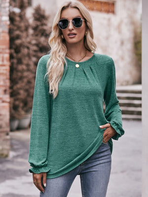 Long Flounce Sleeve Round Neck Blouse - 7 colors