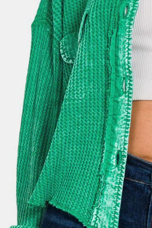 Zenana Waffle-Knit Button Up Dropped Shoulder Jacket Kelly Green