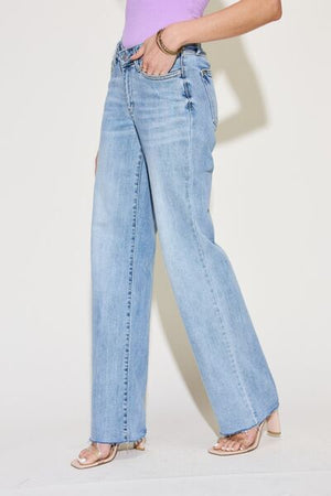 Judy Blue High Waist V Front Waistband Raw Cut Hem Straight Leg Jeans