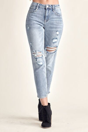 RISEN Mid Rise Distressed Tapered Slim Cropped Light Wash Jeans