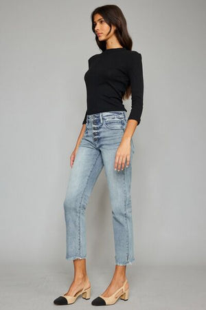 Kancan High Waist Button Fly Raw Hem 27" Cropped Straight Jeans