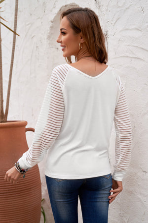 Sheer Striped Sleeve V-Neck Top - 3 colors