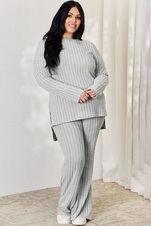 Ribbed High-Low Top and Wide Leg Pants Set - 4 colors