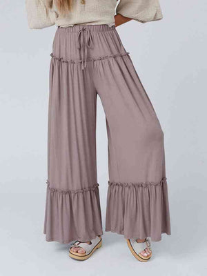 Wide Leg Ruffle Trim Pants in Dusty Purple