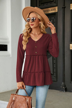 Long Sleeve V Neck Cable Knit Peplum Blouse - 9 colors