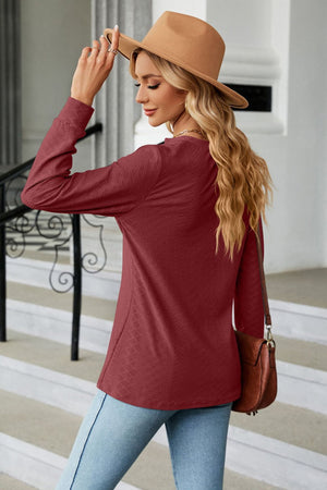 Notched Neck Textured Long Sleeve Buttoned Blouse - 8 colors