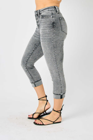 Judy Blue High Waist Button Fly Cuffed Capris in Gray